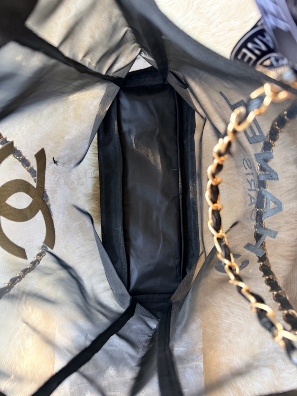 BRAND NEW Chanel Beaute Black Mesh Bag w Gold Chain & Matching Mesh Pouch - Picture 11 of 16